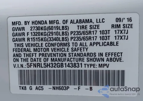 2016 Honda Odyssey Se z USA, uszkodzony, nr VIN 5FNRL5H32GB143831